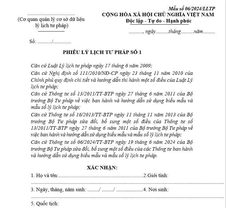 Blank template of Vietnam Judicial Record Certificate No. 1 (Phiếu lý lịch tư pháp số 1), form 06/2024/LLTP